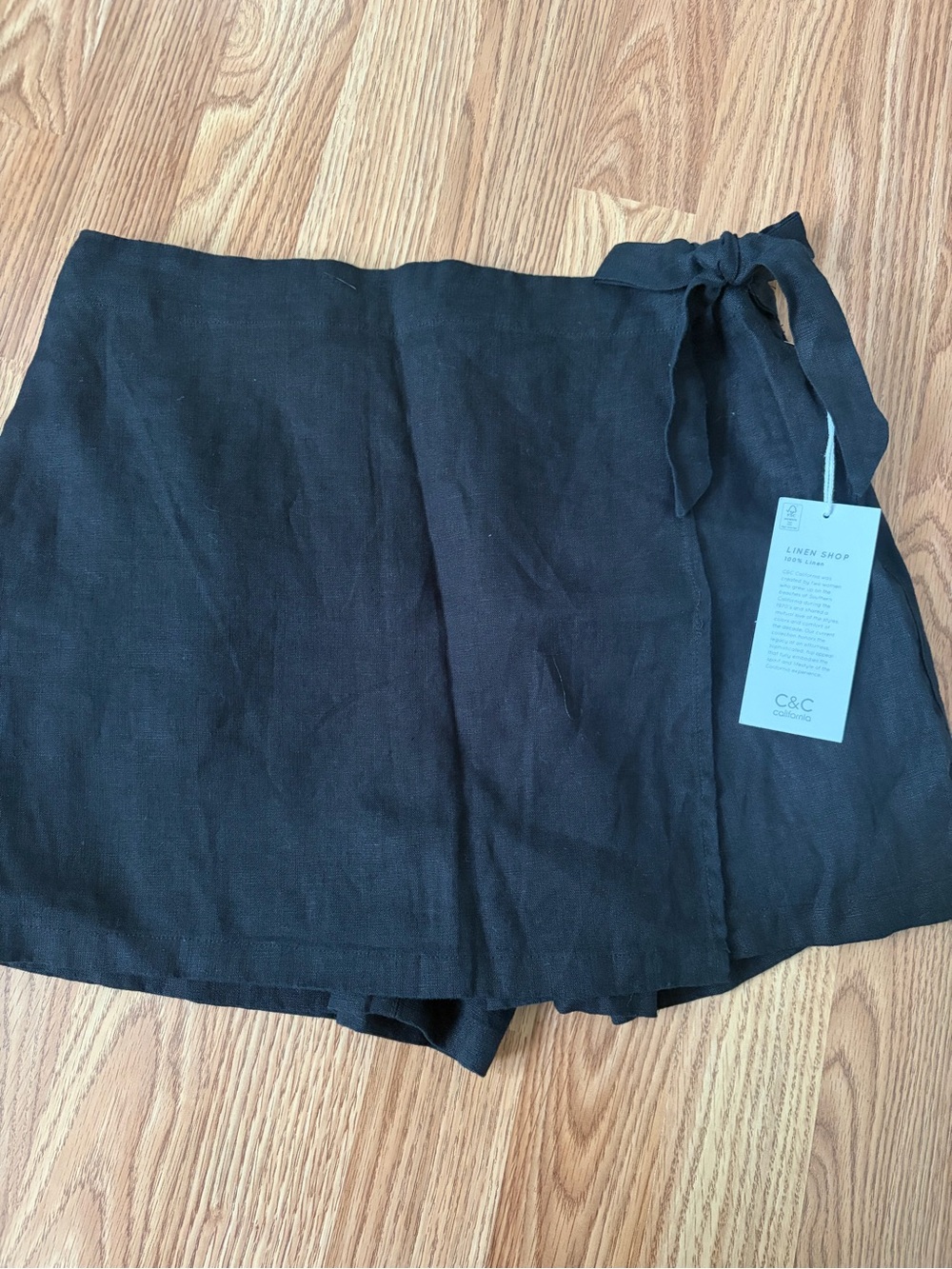 C&C California Black Linen Wrap Skort with Tie Waist